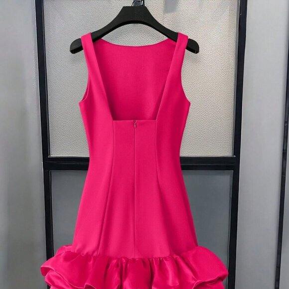 Hot Pink Casual Women's Round Neck Sleeveless Puff Hem Short Dress - Picture 3 of 5
